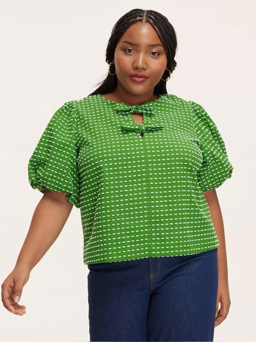 Kate Spade Bright Green Puff-Sleeve Bow-Tie Blouse